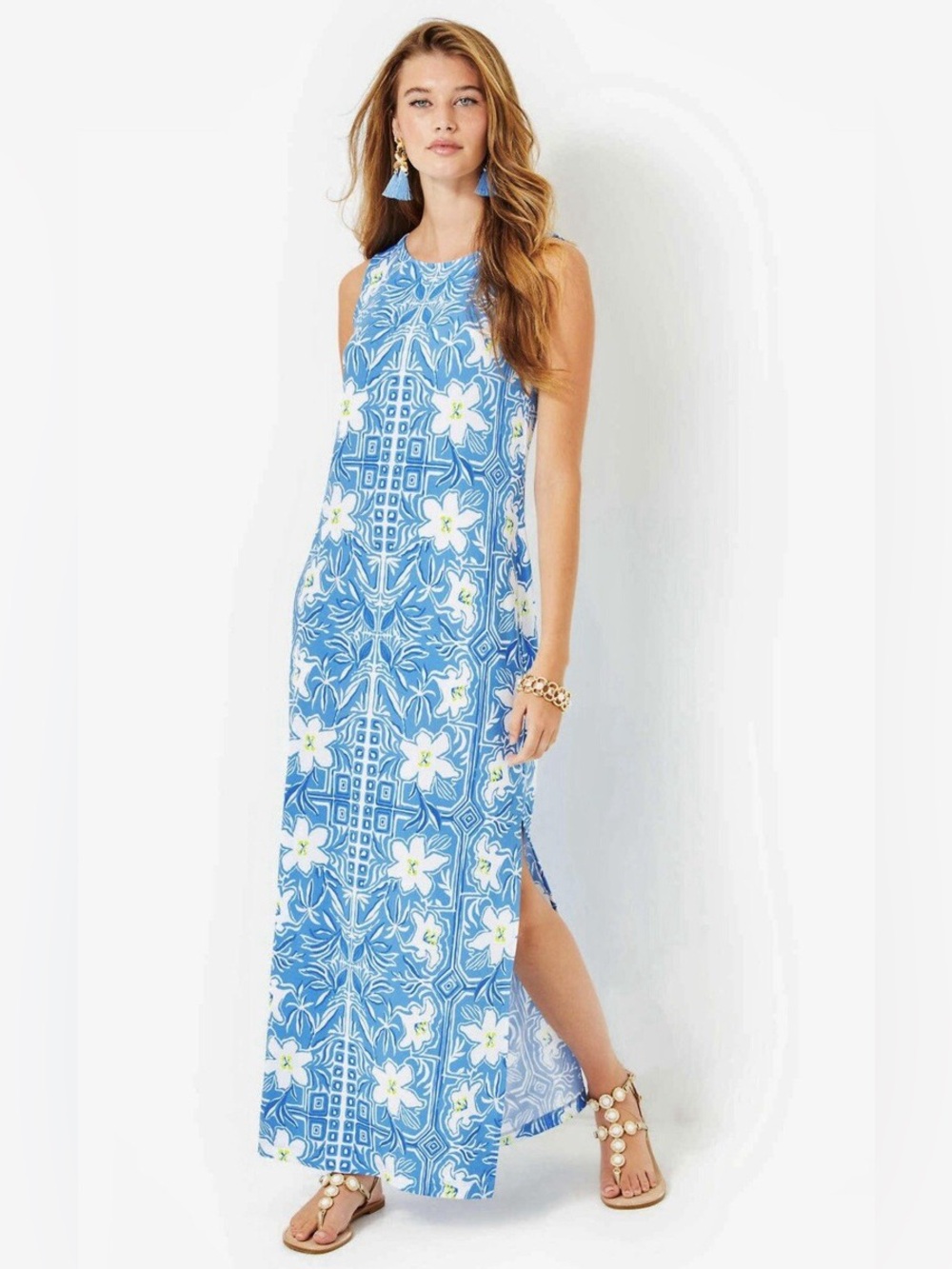 Lilly Pulitzer Blue Floral Maxi Dress with White & Yellow Accents